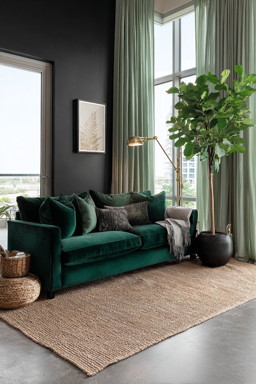 Emerald Velvet Sophistication with Black Accent Wall