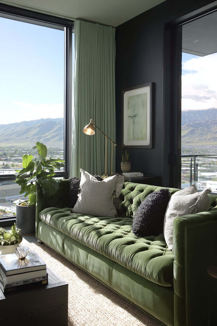 Emerald Velvet Sophistication with Black Accent Wall
