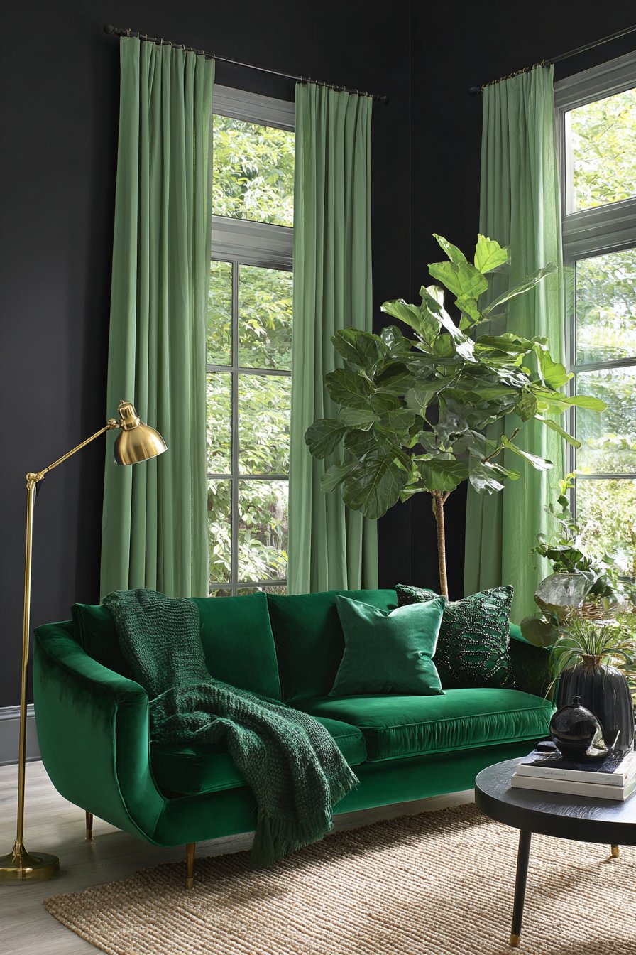 Emerald Velvet Sophistication with Black Accent Wall