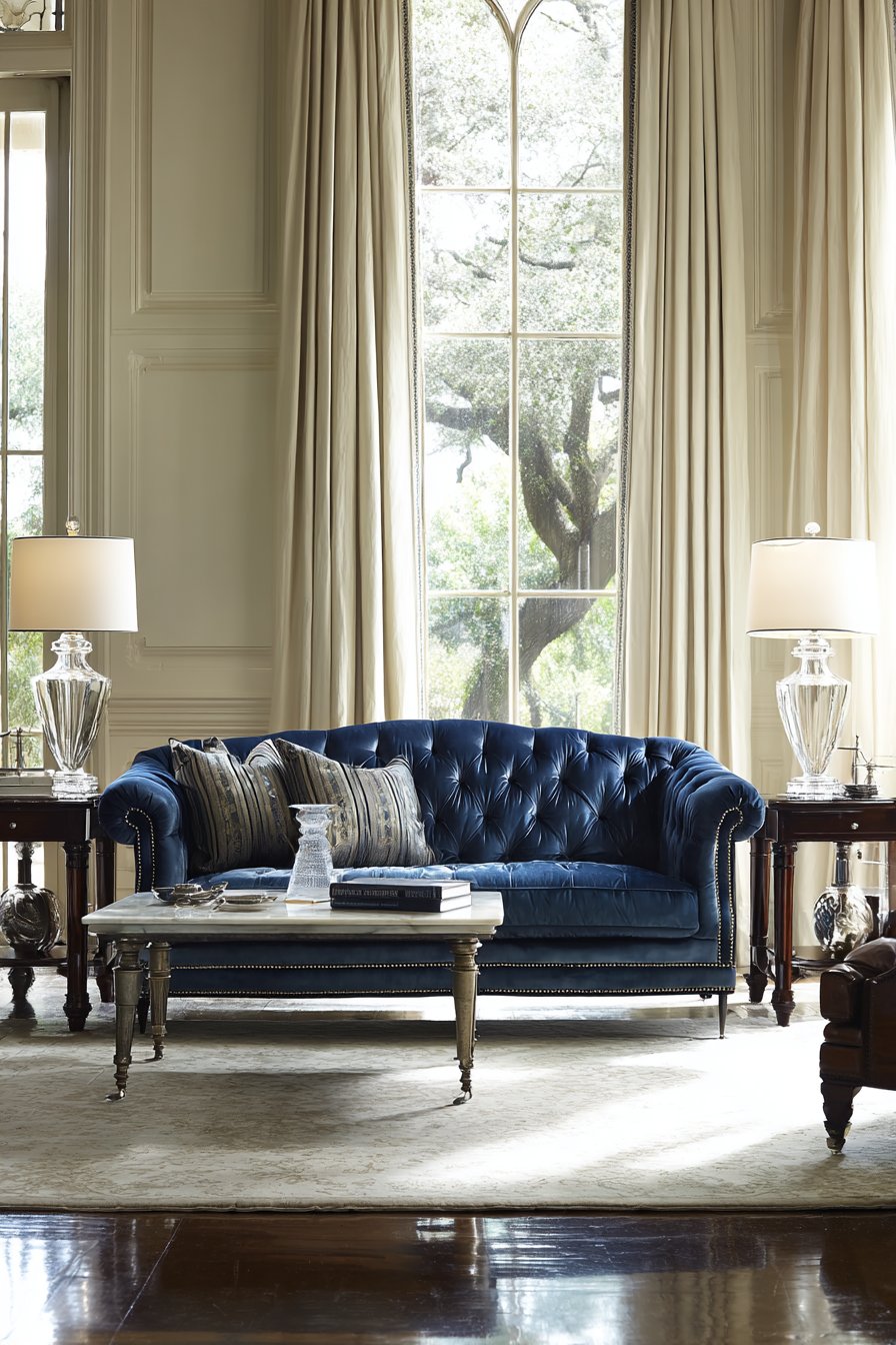 Sapphire Blue Velvet Chesterfield Centerpiece