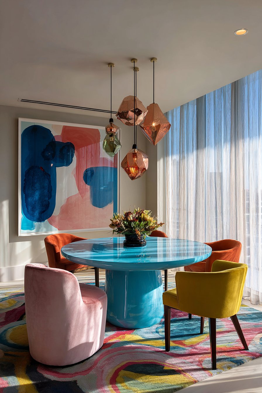 Vibrant Turquoise Table with Mismatched Vintage Chairs
