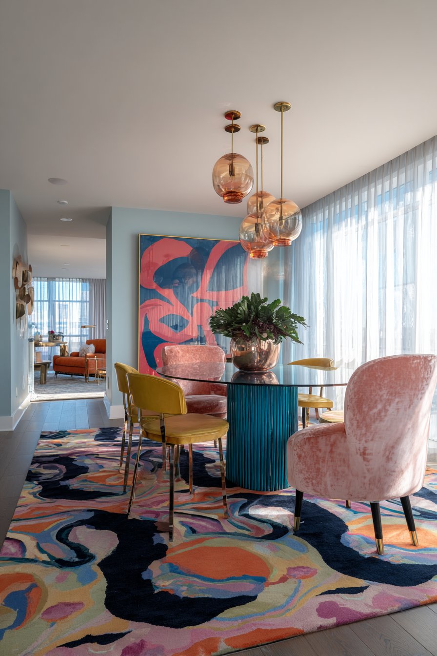 Vibrant Turquoise Table with Mismatched Vintage Chairs