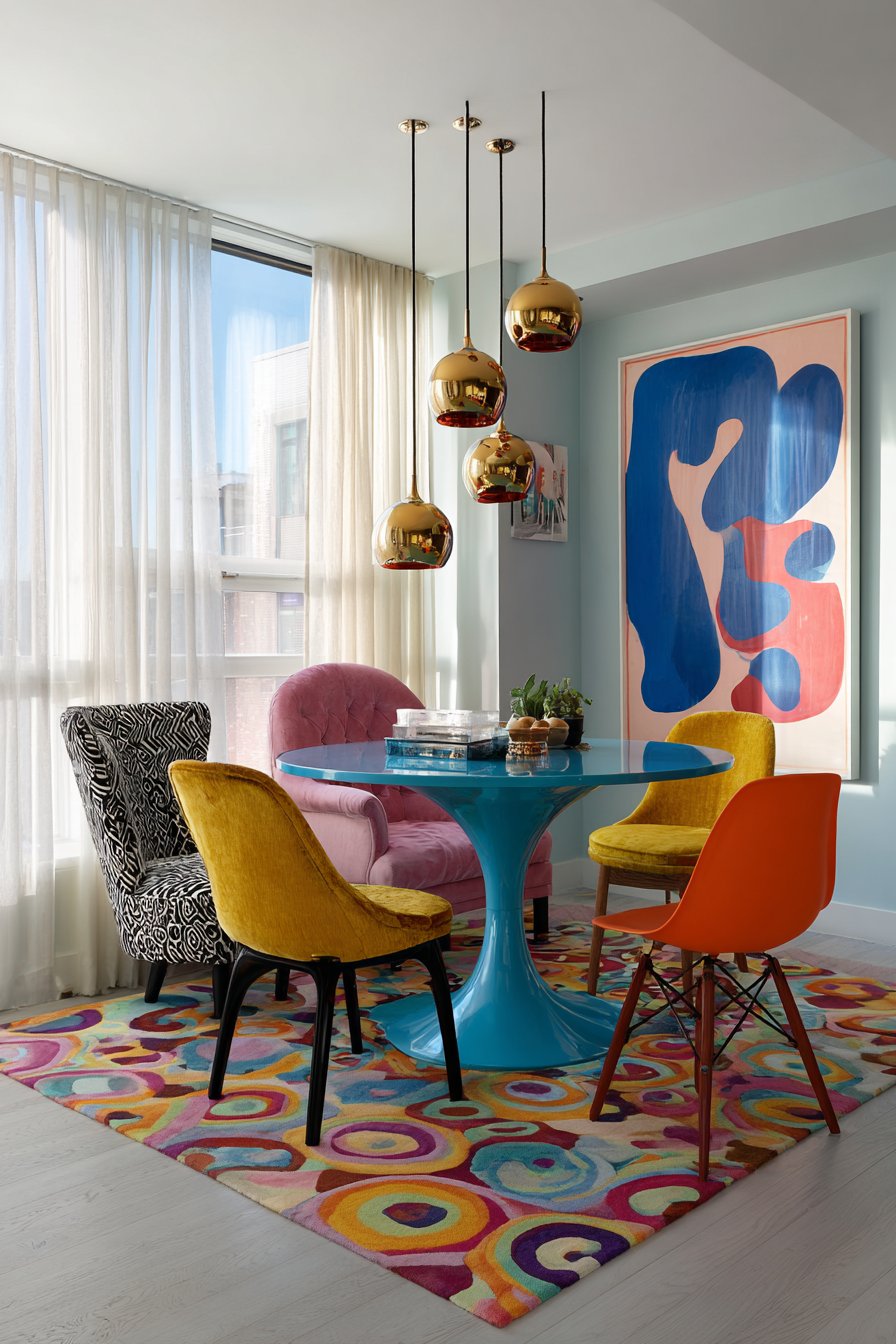 Vibrant Turquoise Table with Mismatched Vintage Chairs