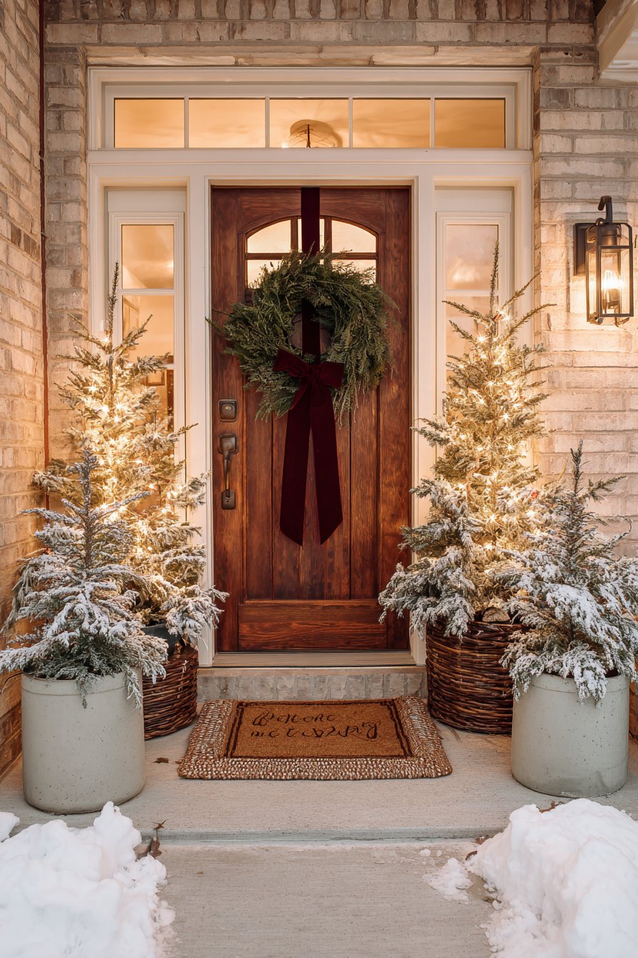 Classic Evergreen Welcome with Warm Lighting