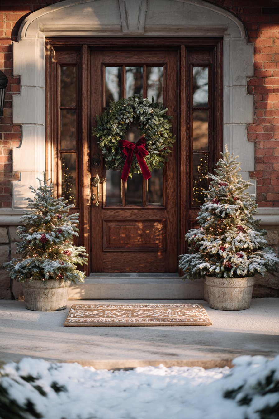 Classic Evergreen Welcome with Warm Lighting