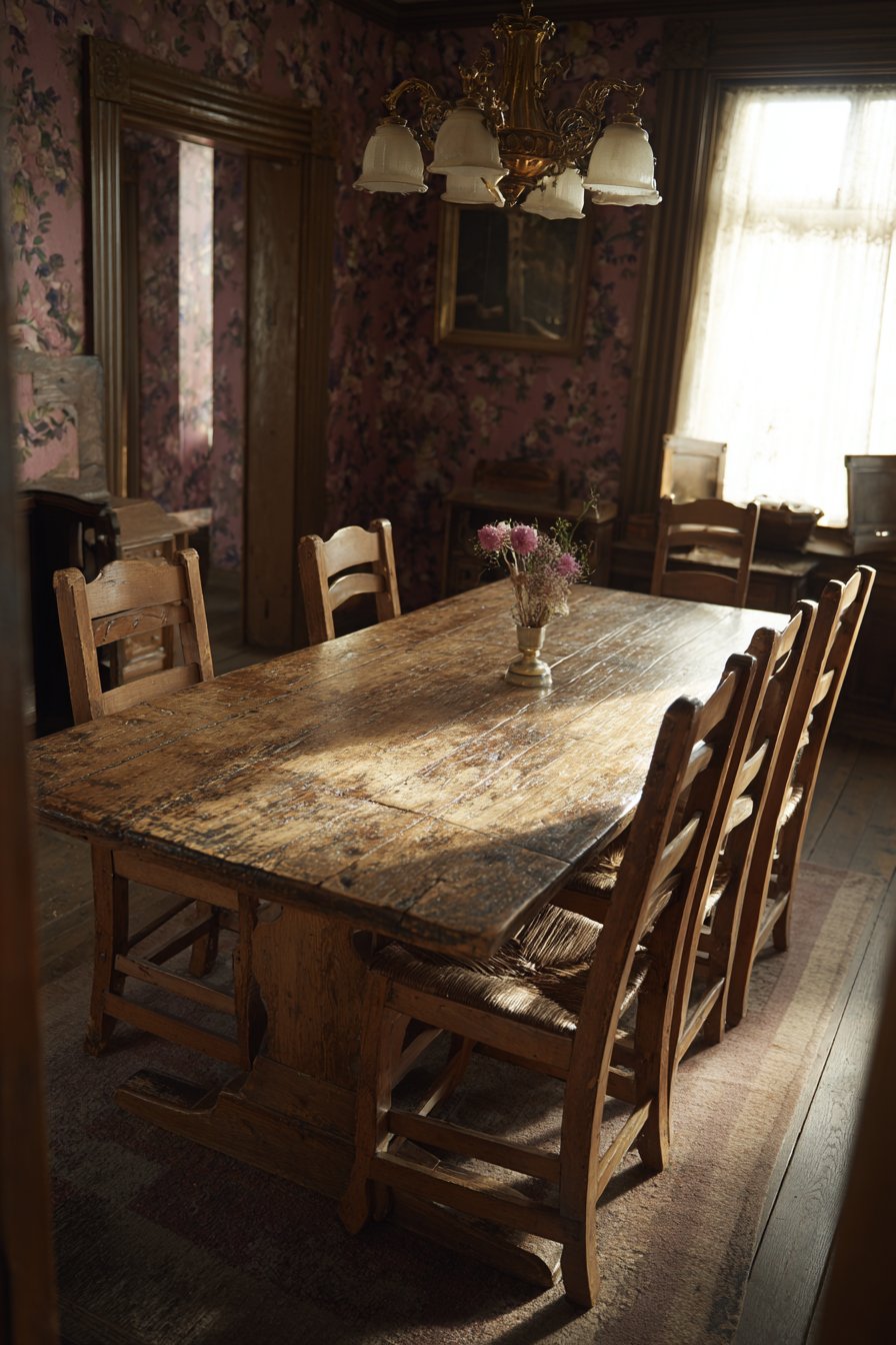 Classic Oak Pedestal Table with Floral Wallpaper