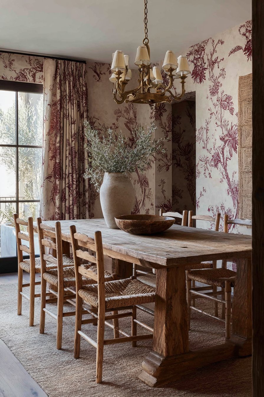 Classic Oak Pedestal Table with Floral Wallpaper