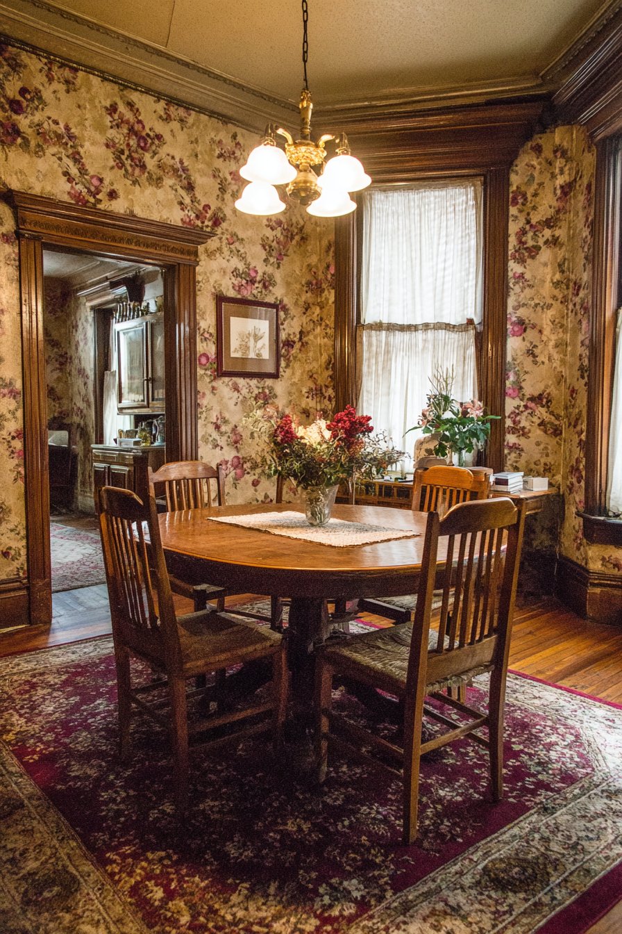 Classic Oak Pedestal Table with Floral Wallpaper