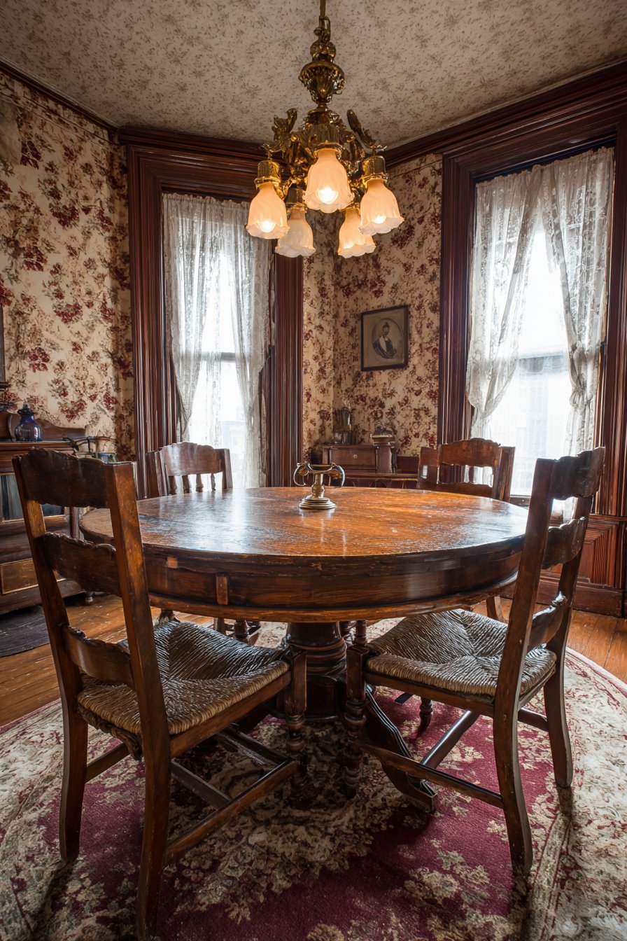 Classic Oak Pedestal Table with Floral Wallpaper