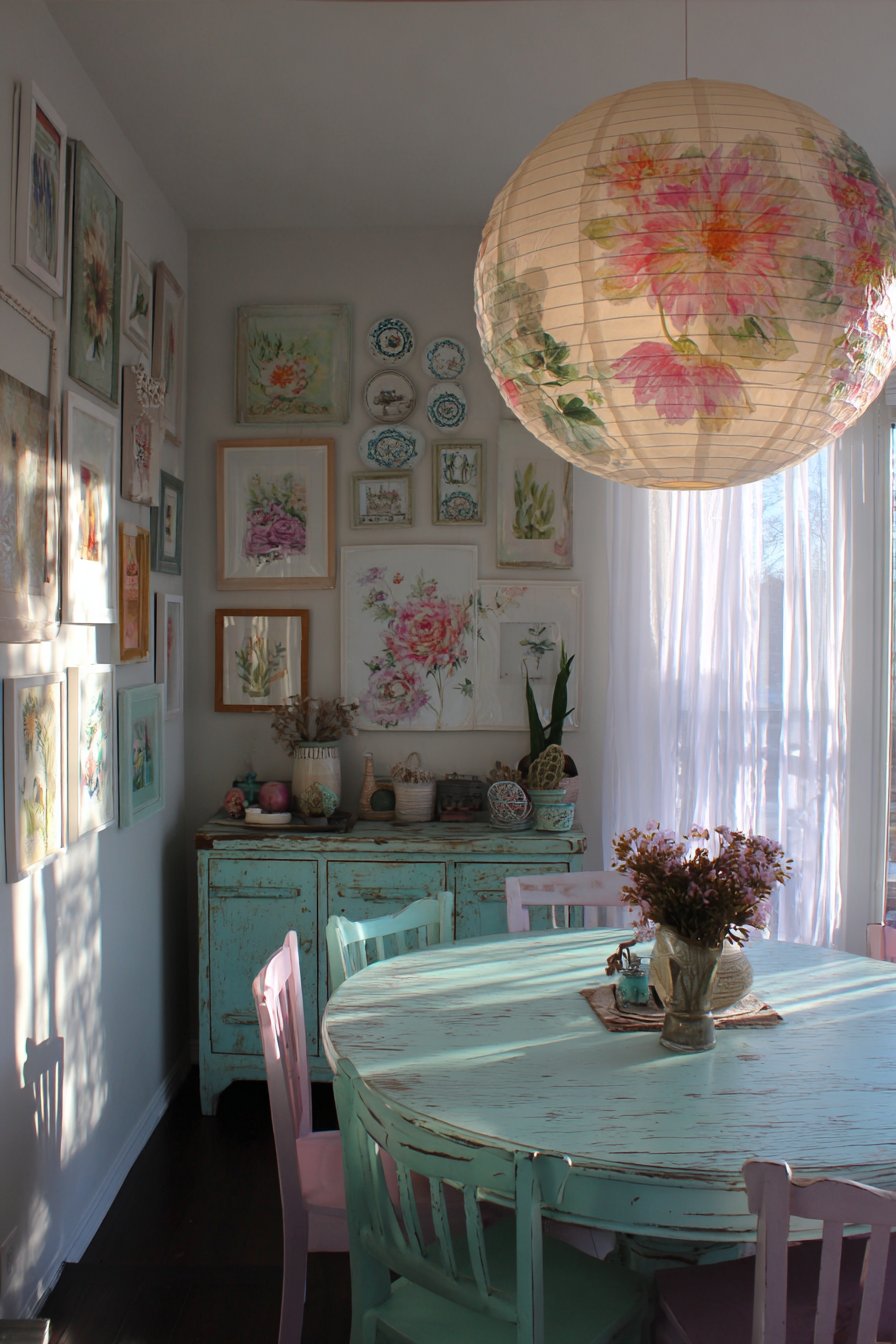 Powder Blue Pedestal Table with Mismatched Vintage Charm