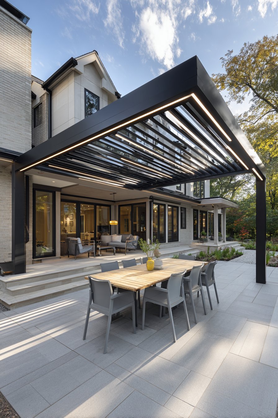 Contemporary Attached Pergola with Adjustable Louvers