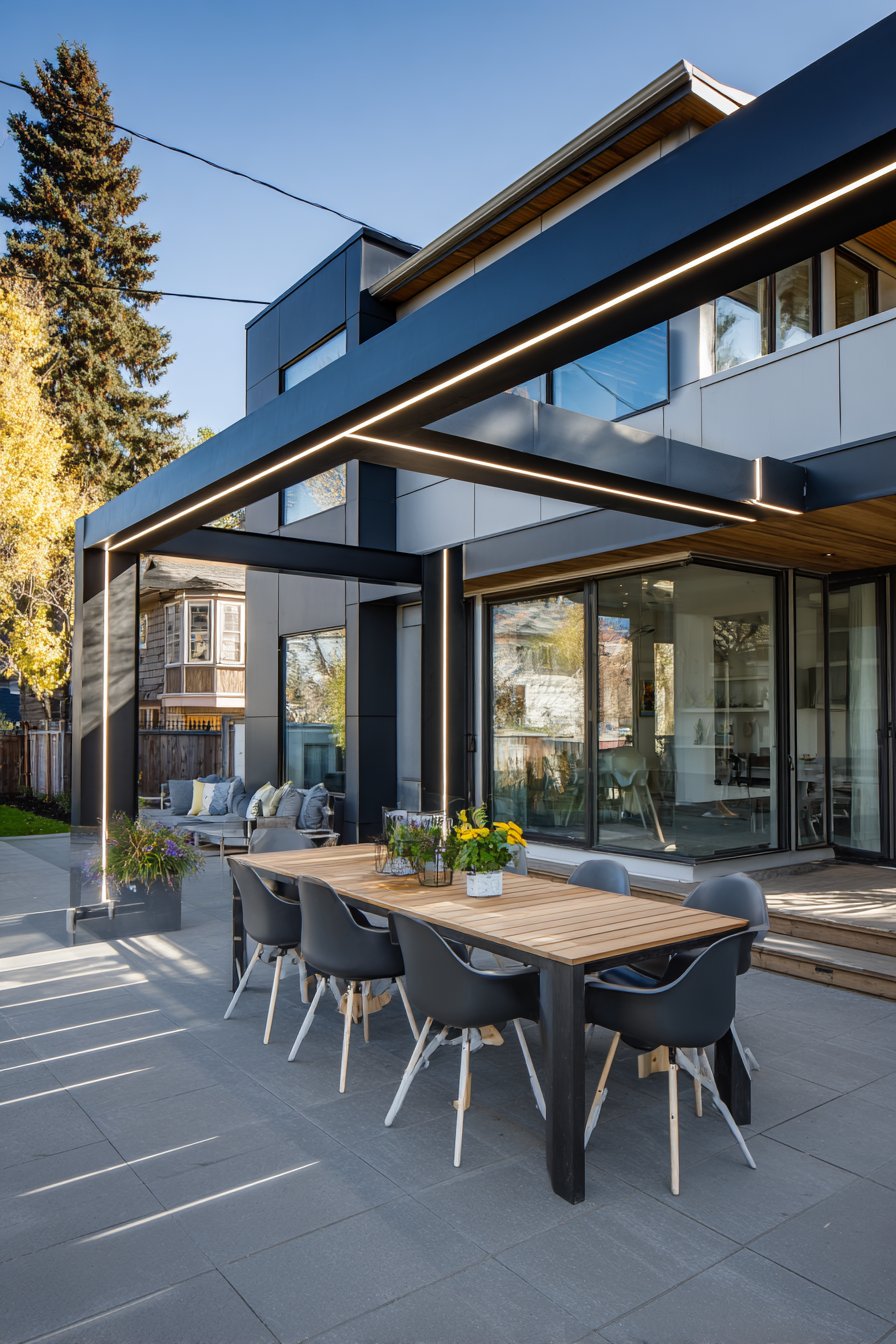 Contemporary Attached Pergola with Adjustable Louvers