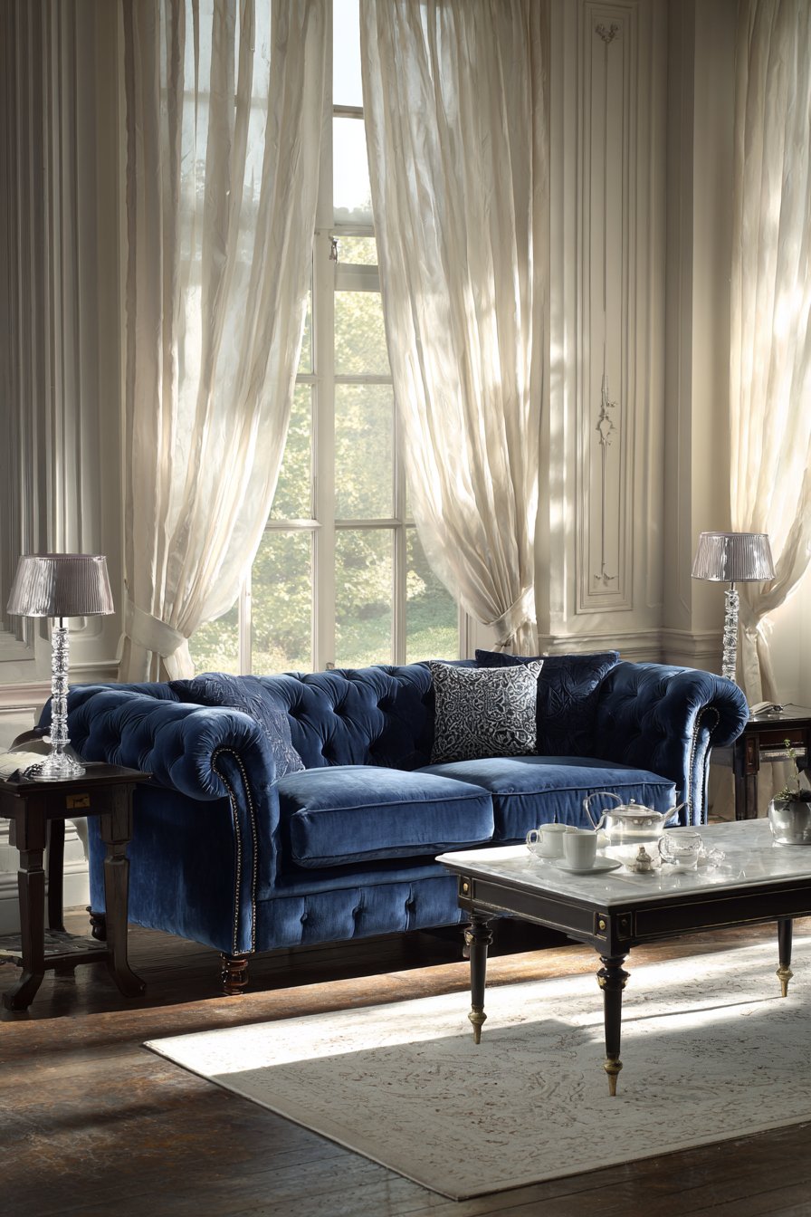 Sapphire Blue Velvet Chesterfield Centerpiece