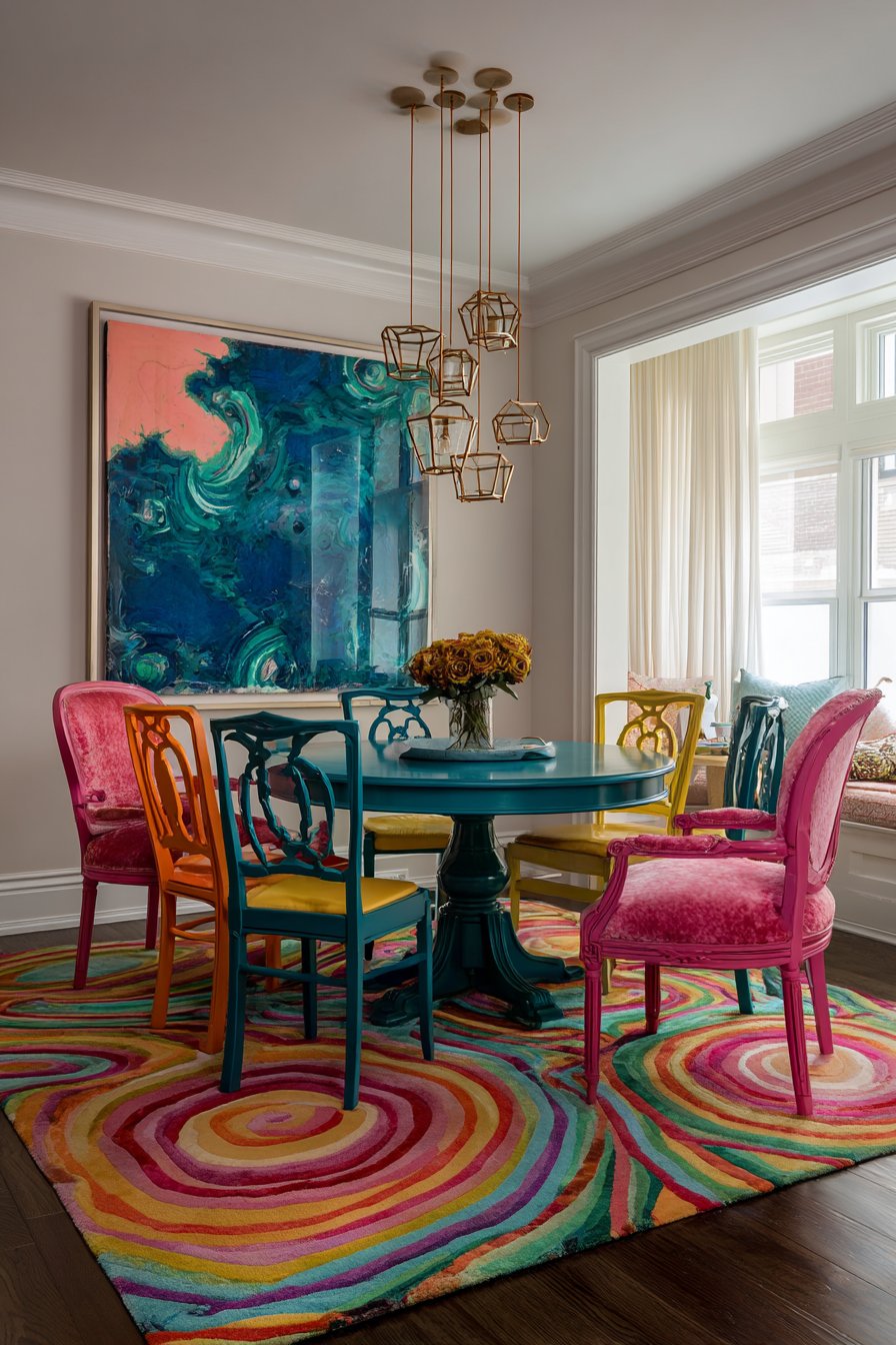 Vibrant Turquoise Table with Mismatched Vintage Chairs