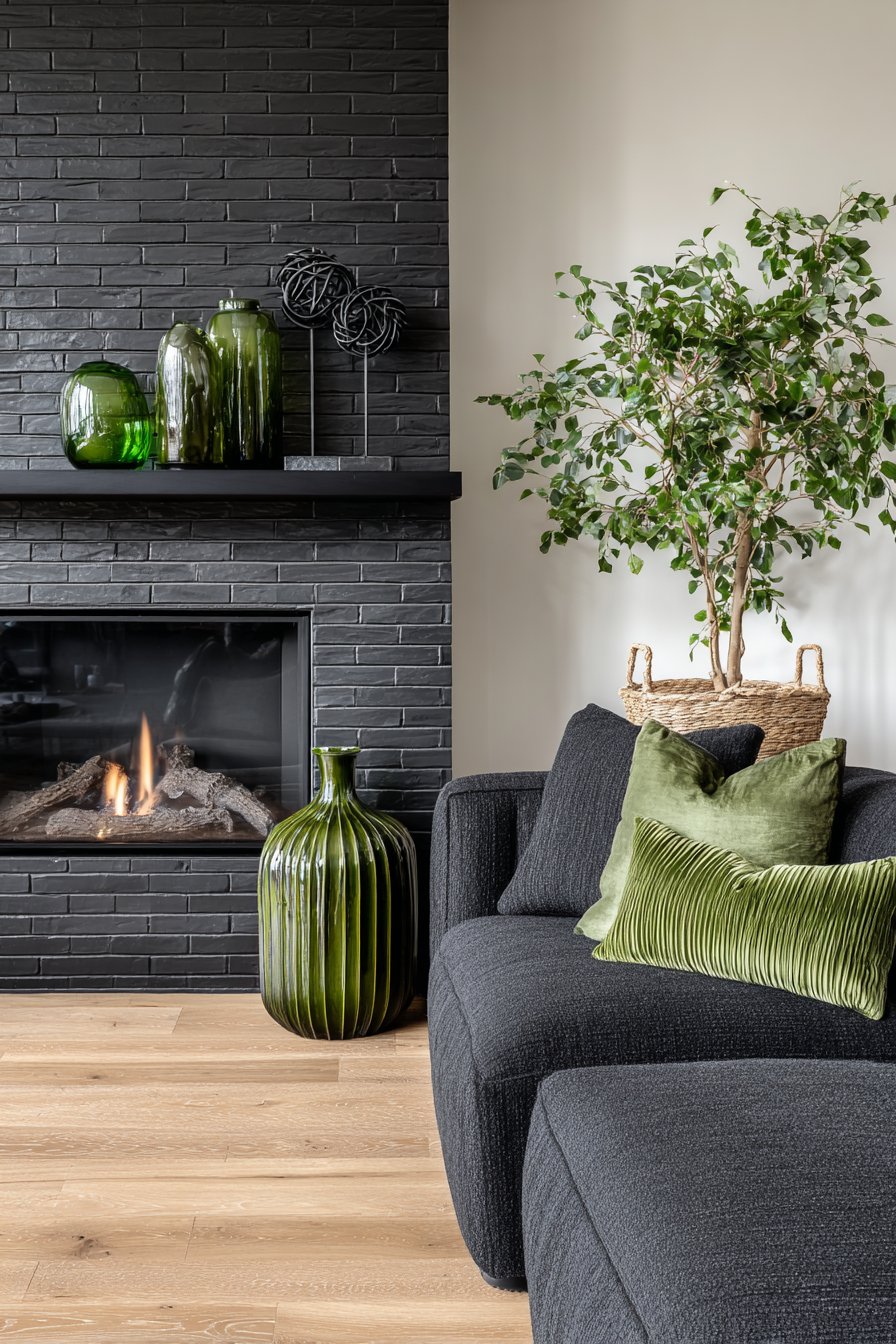 Black Brick Accent Wall with Electric Fireplace
