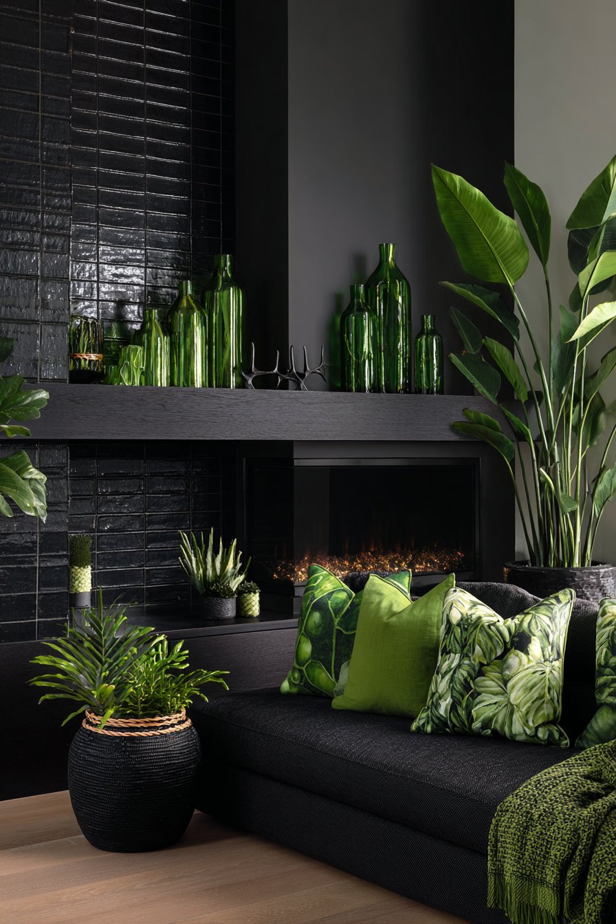 Black Brick Accent Wall with Electric Fireplace