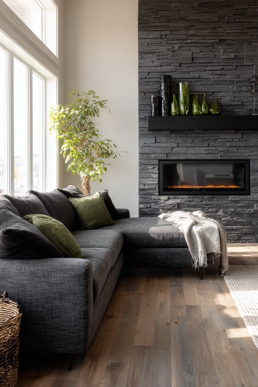 Black Brick Accent Wall with Electric Fireplace