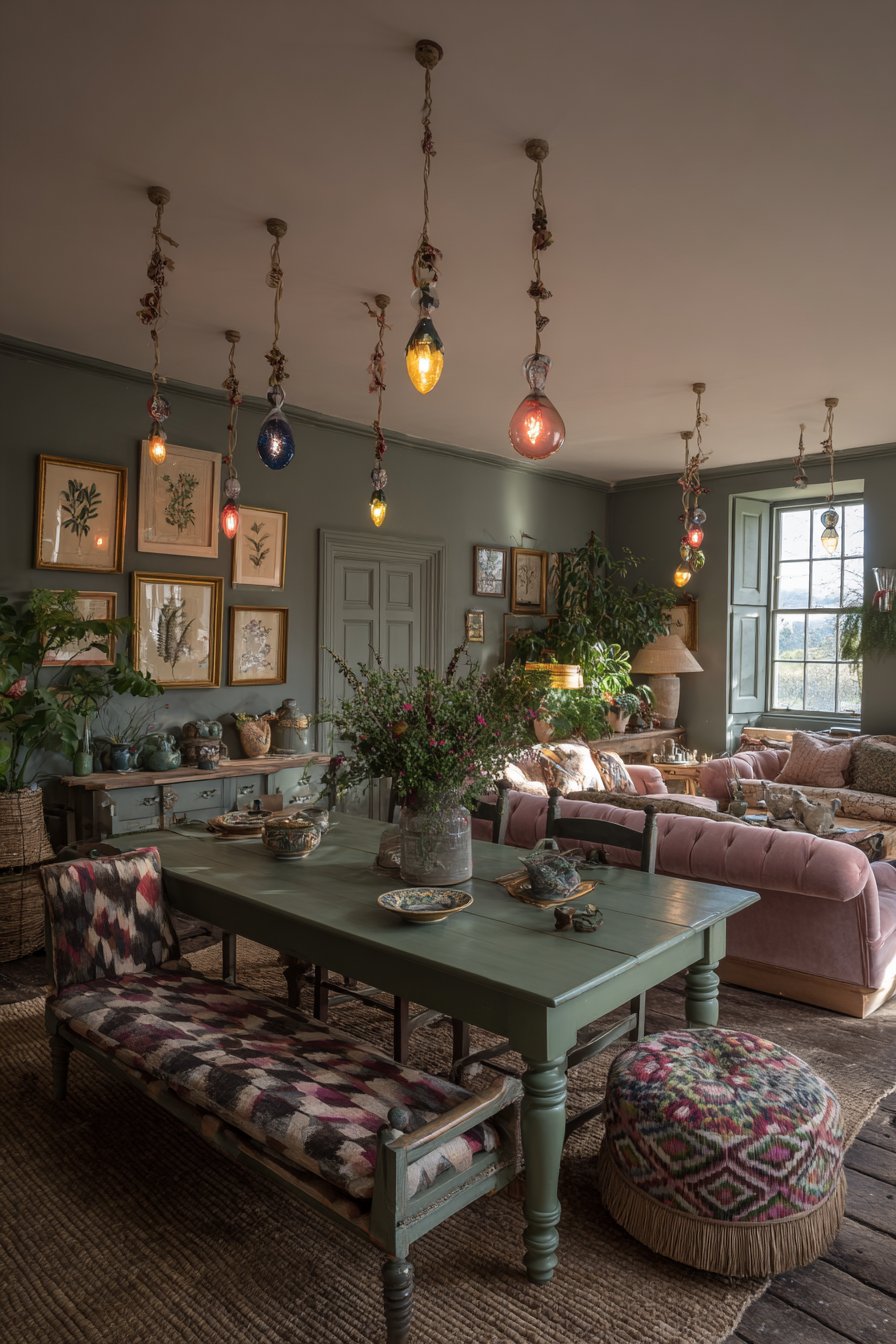 Sage Green Pine with Eclectic Seating Mix