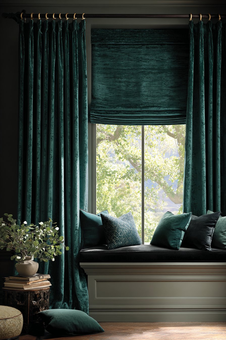 Floor-to-Ceiling Emerald Velvet Curtains with Brass Hardware