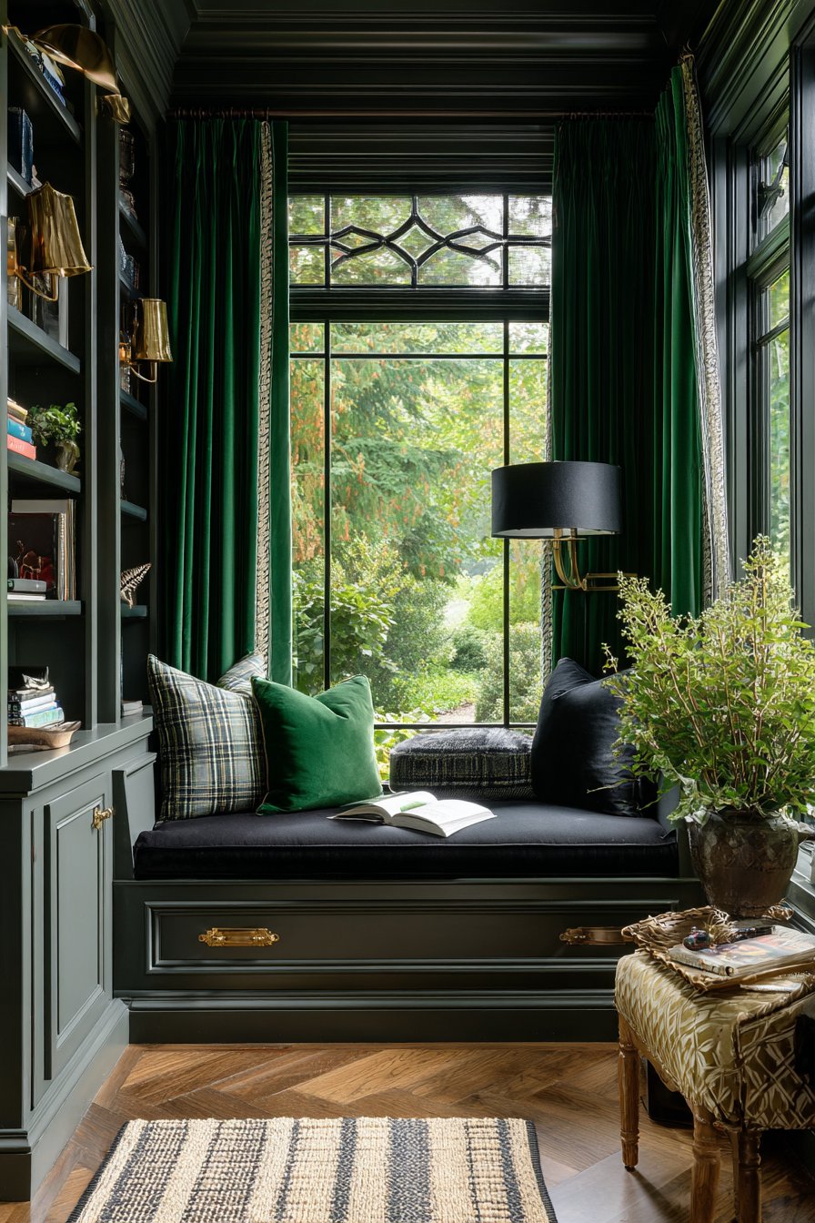 Floor-to-Ceiling Emerald Velvet Curtains with Brass Hardware