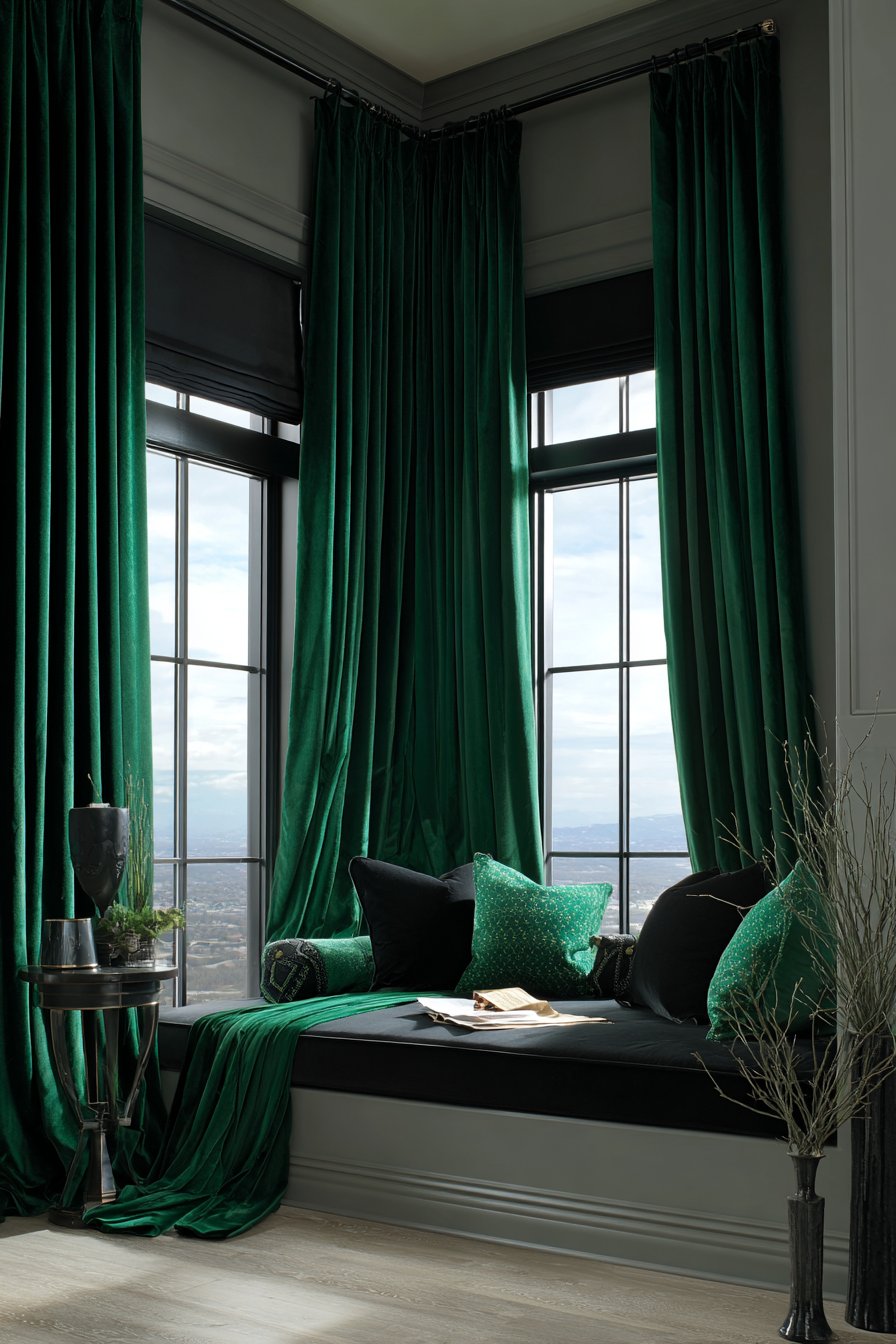 Floor-to-Ceiling Emerald Velvet Curtains with Brass Hardware