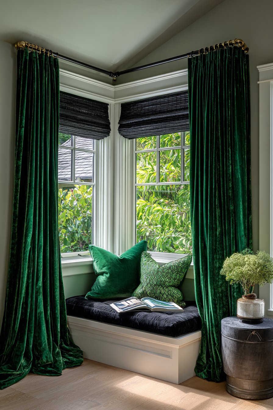 Floor-to-Ceiling Emerald Velvet Curtains with Brass Hardware
