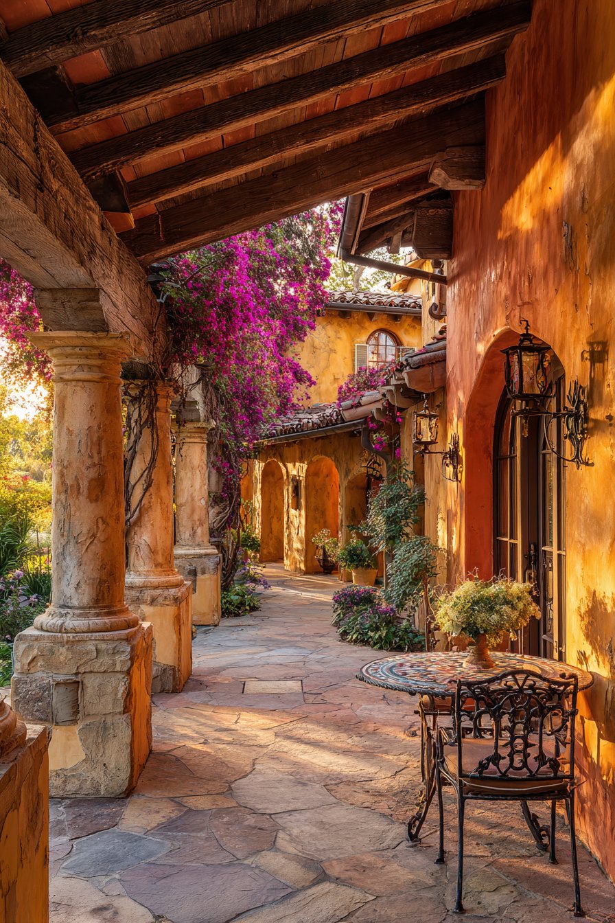 Mediterranean Stucco Column Pergola with Clay Tiles