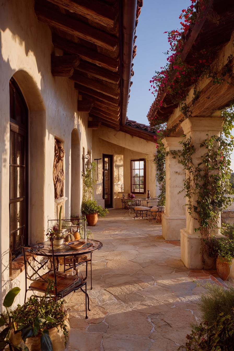 Mediterranean Stucco Column Pergola with Clay Tiles