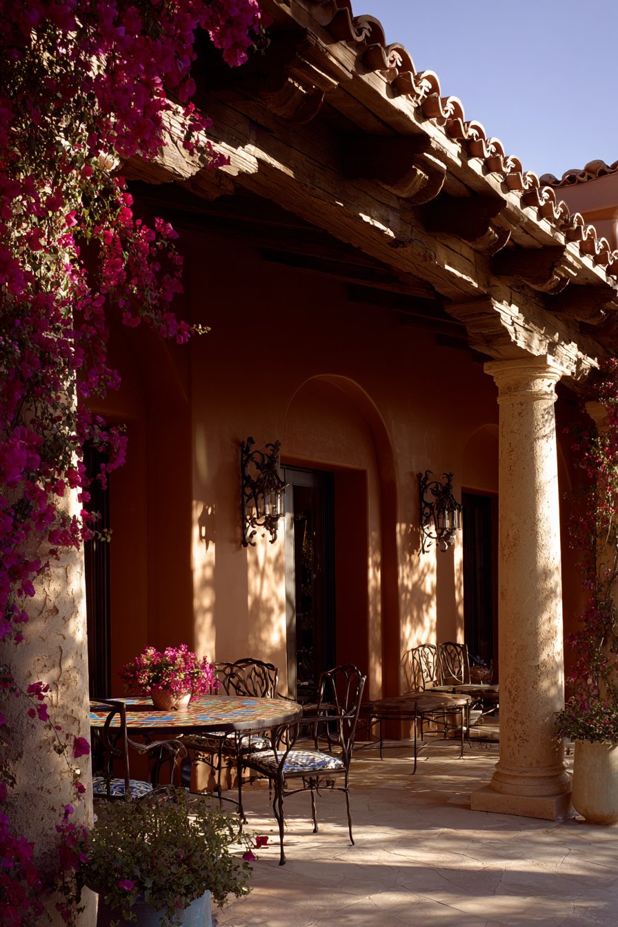 Mediterranean Stucco Column Pergola with Clay Tiles