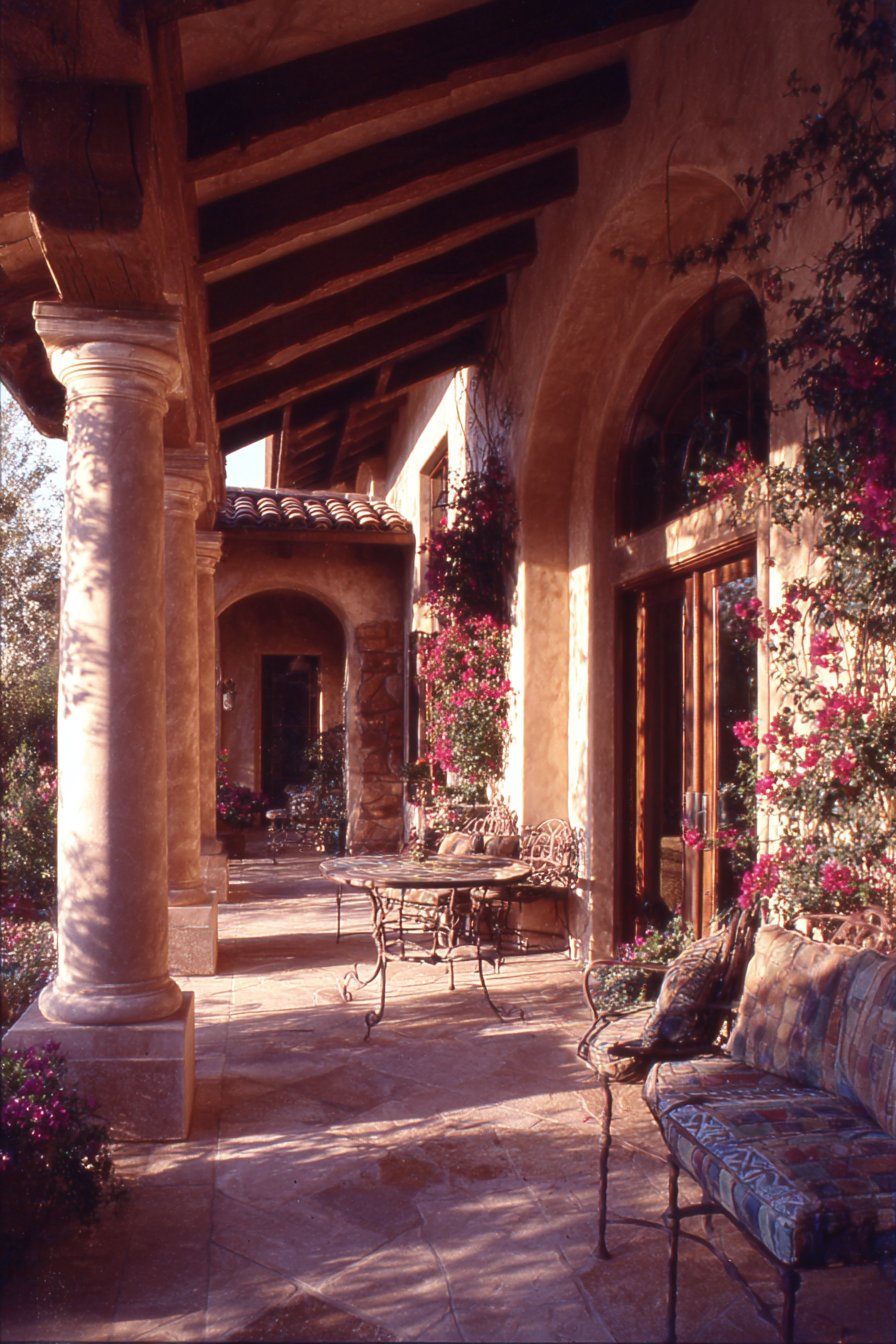 Mediterranean Stucco Column Pergola with Clay Tiles