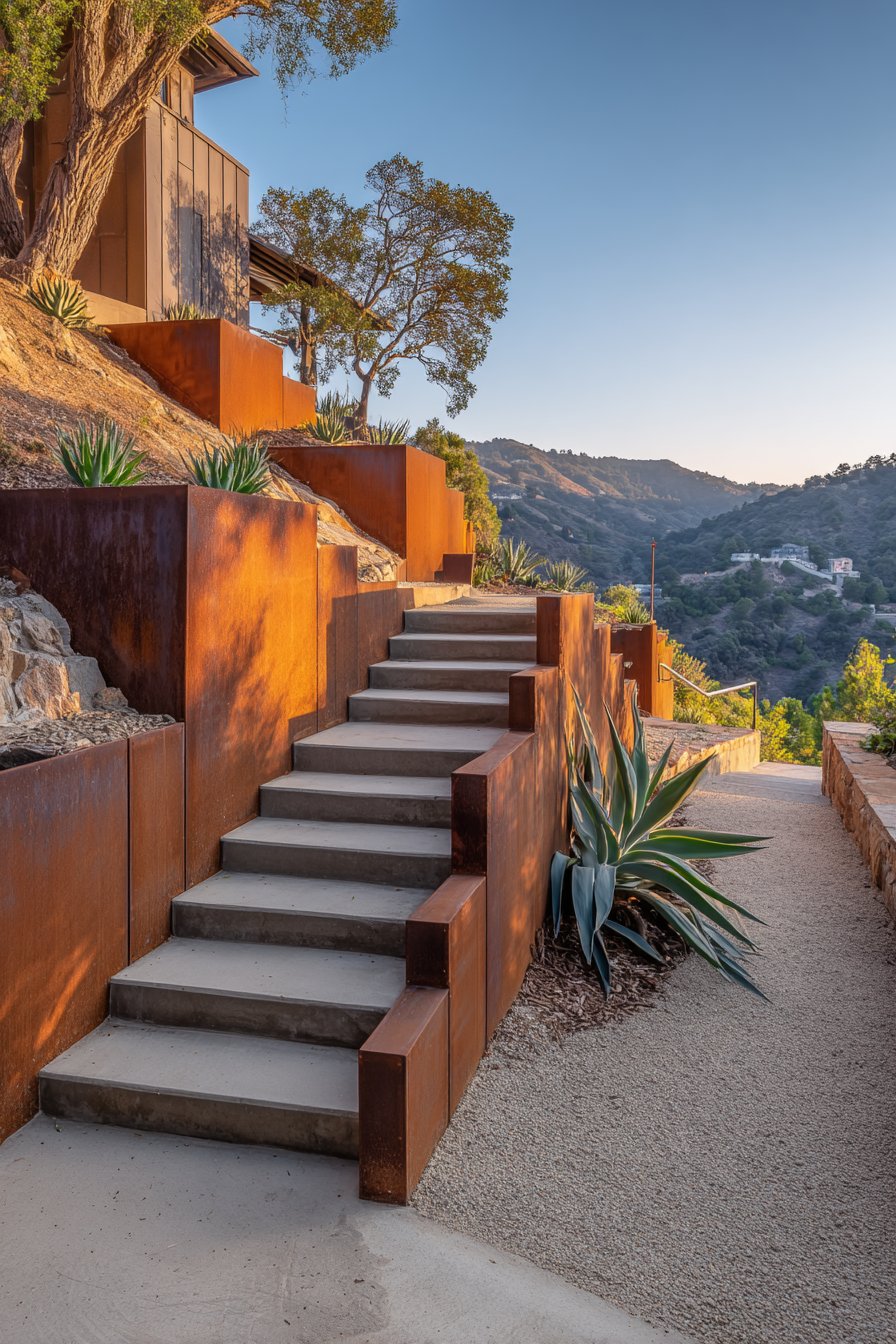 Modern Cor-Ten Steel Hillside Design