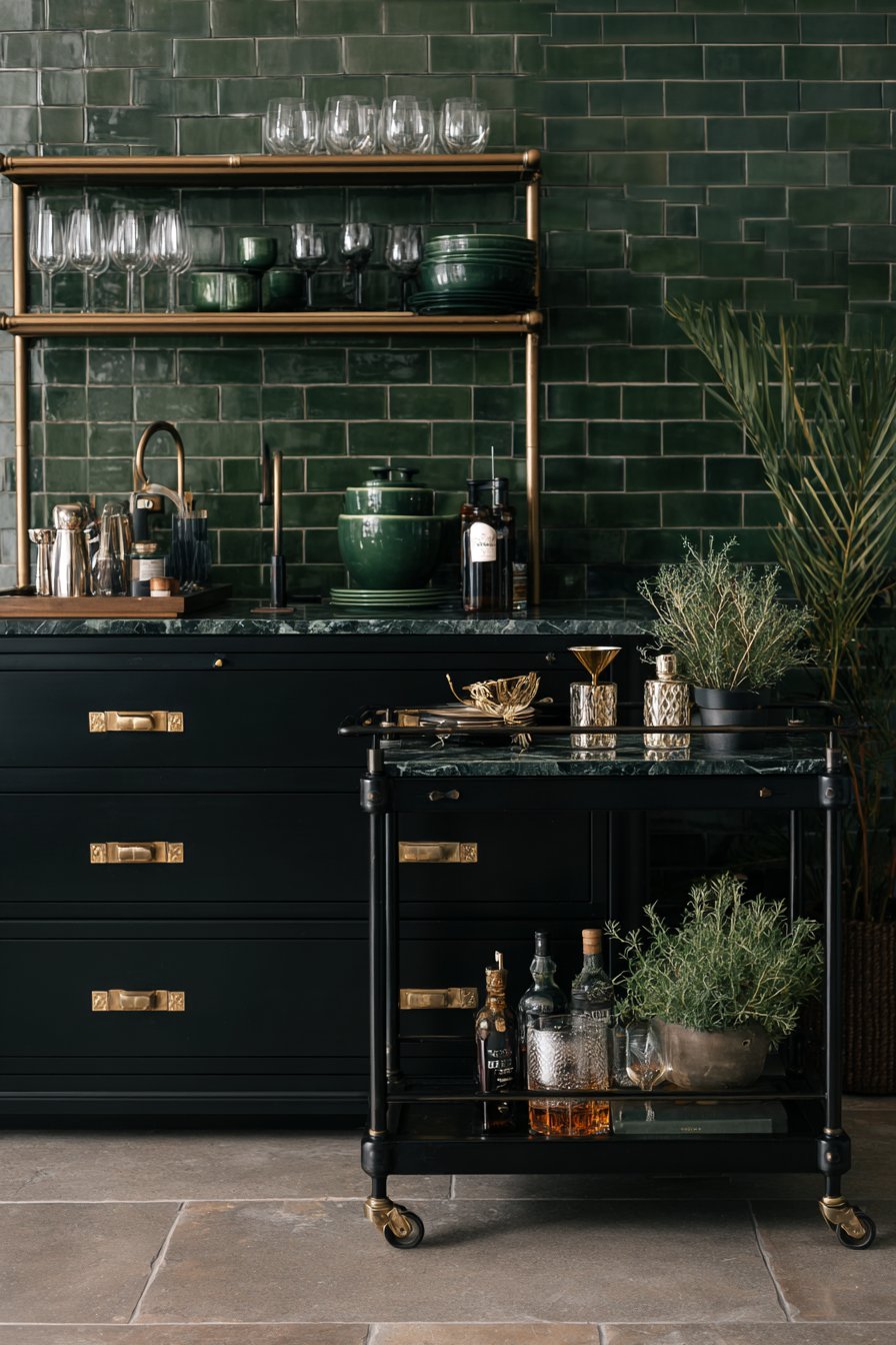 Glossy Black Bar Cabinet with Sage Green Subway Tile