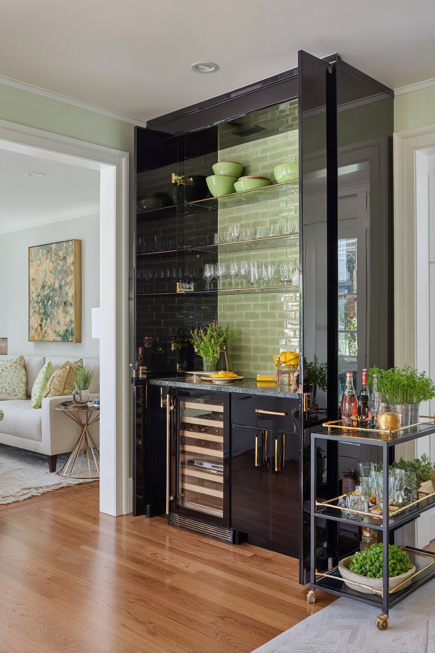 Glossy Black Bar Cabinet with Sage Green Subway Tile