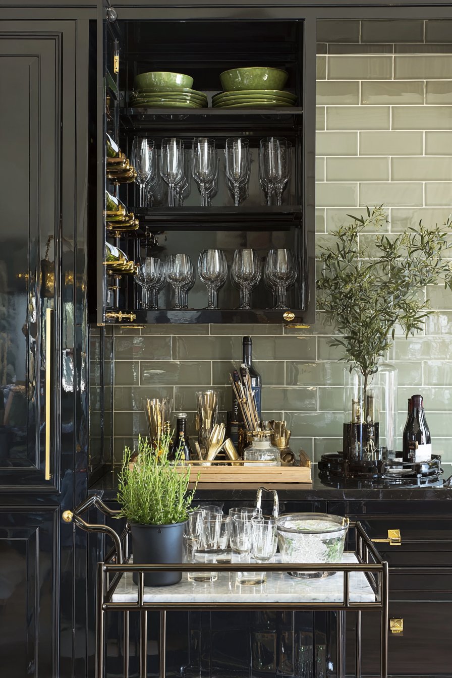 Glossy Black Bar Cabinet with Sage Green Subway Tile