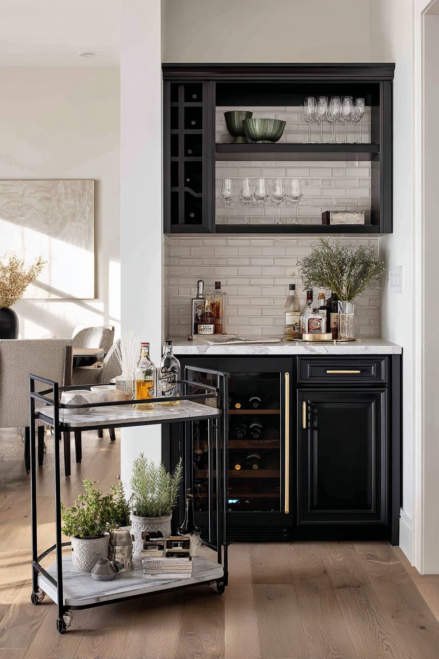 Glossy Black Bar Cabinet with Sage Green Subway Tile