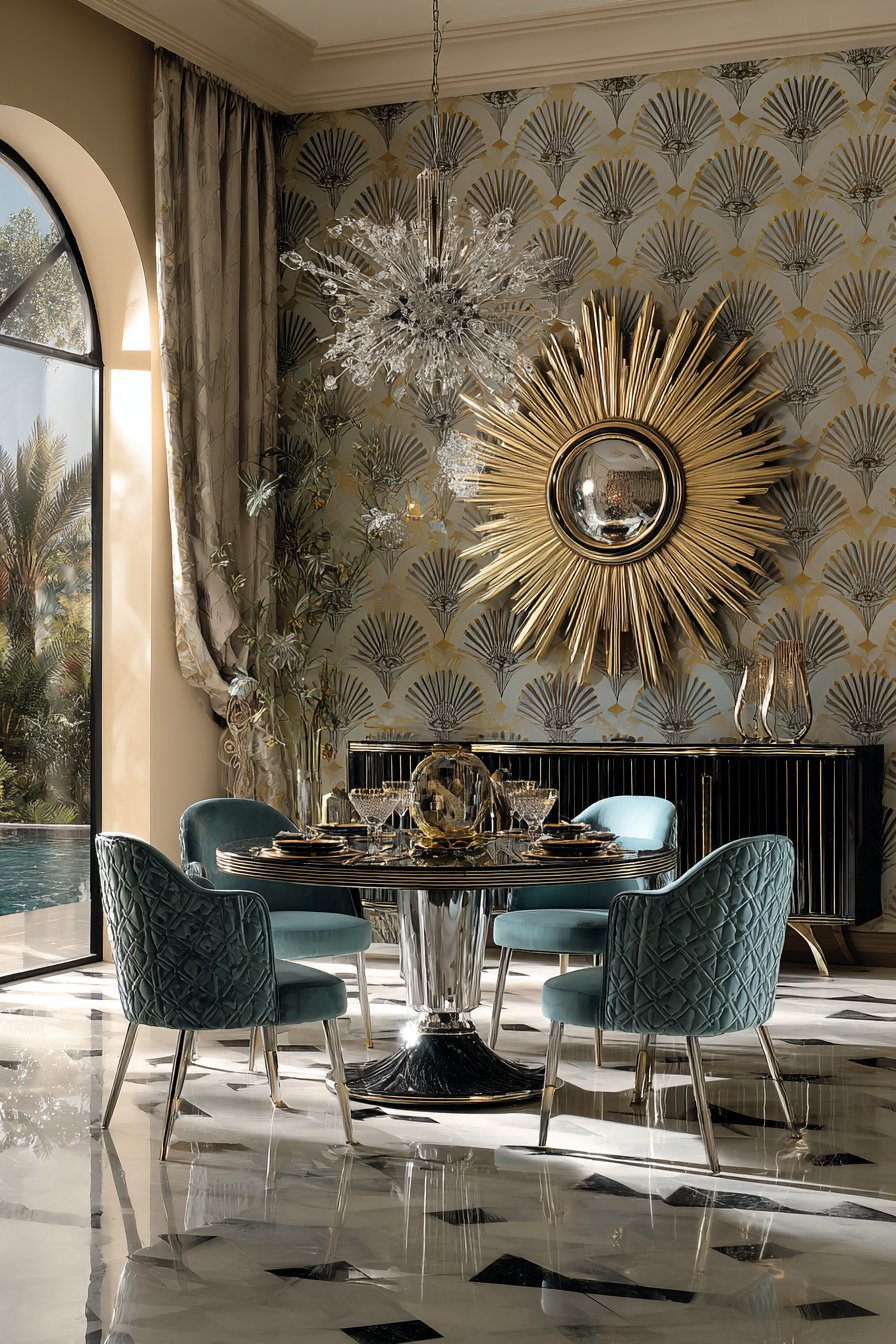 Art Deco Brass Inlay and Teal Velvet