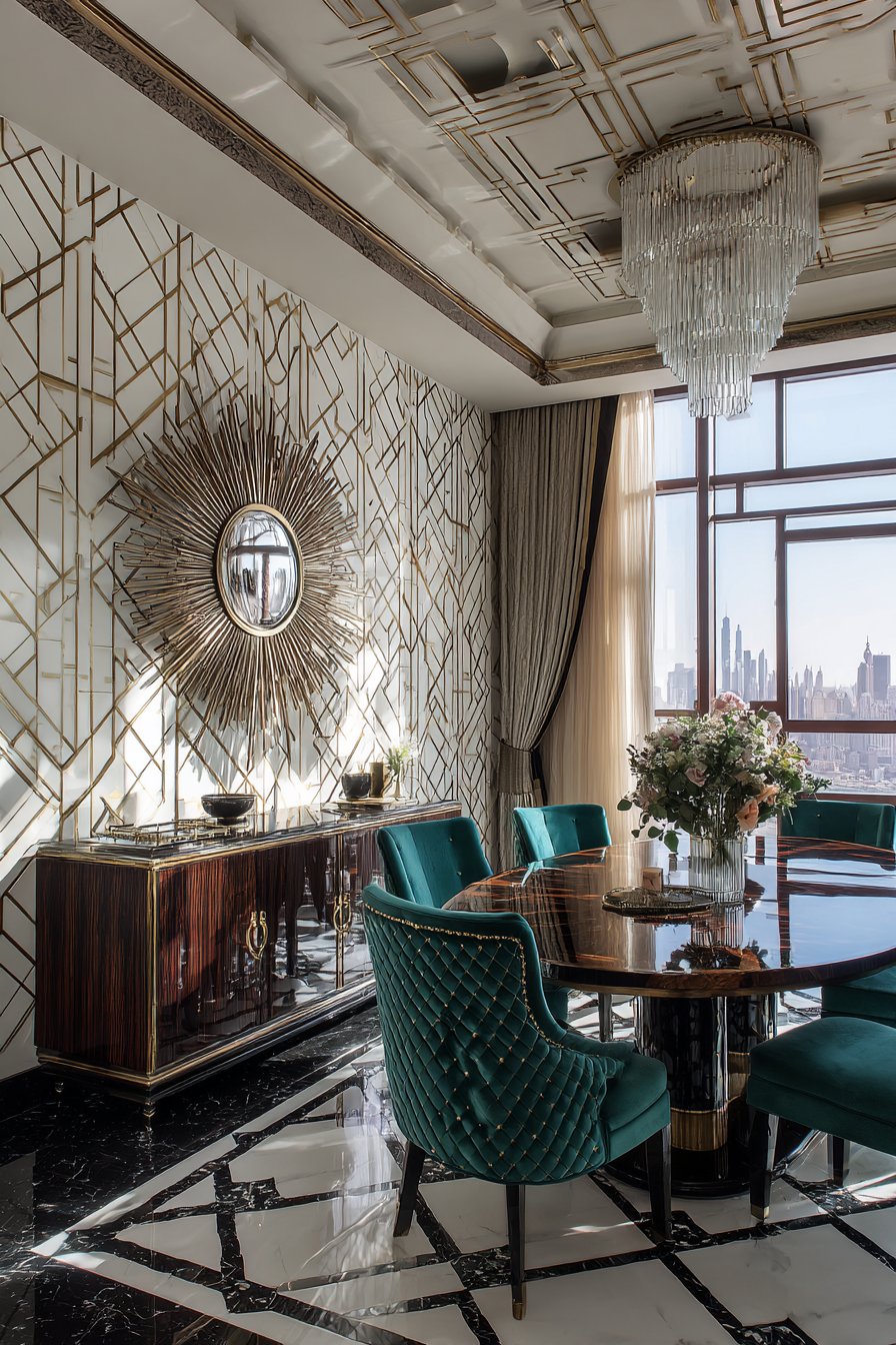 Art Deco Brass Inlay and Teal Velvet