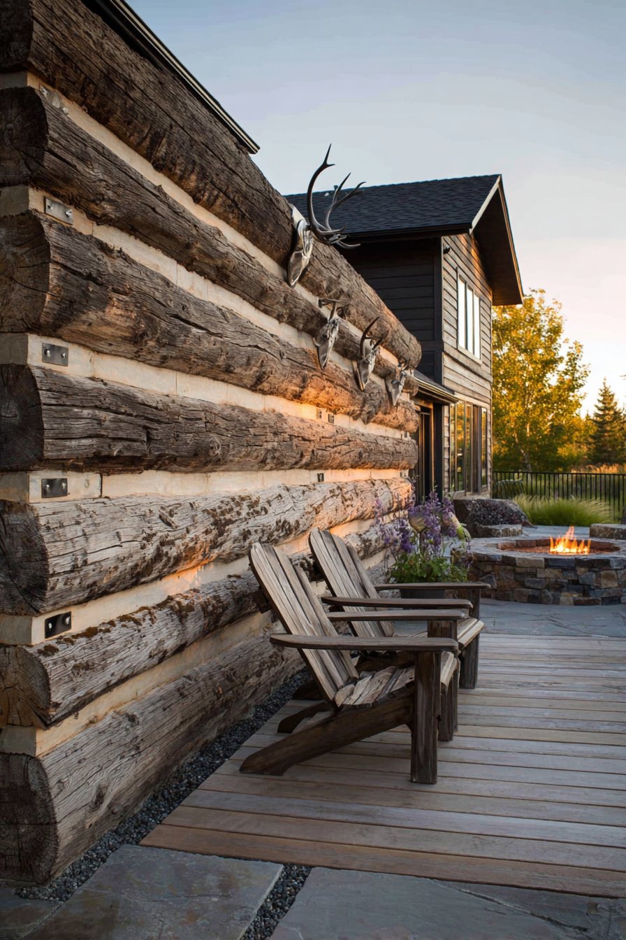 Rustic Stacked Log Wall with Antler Mounts