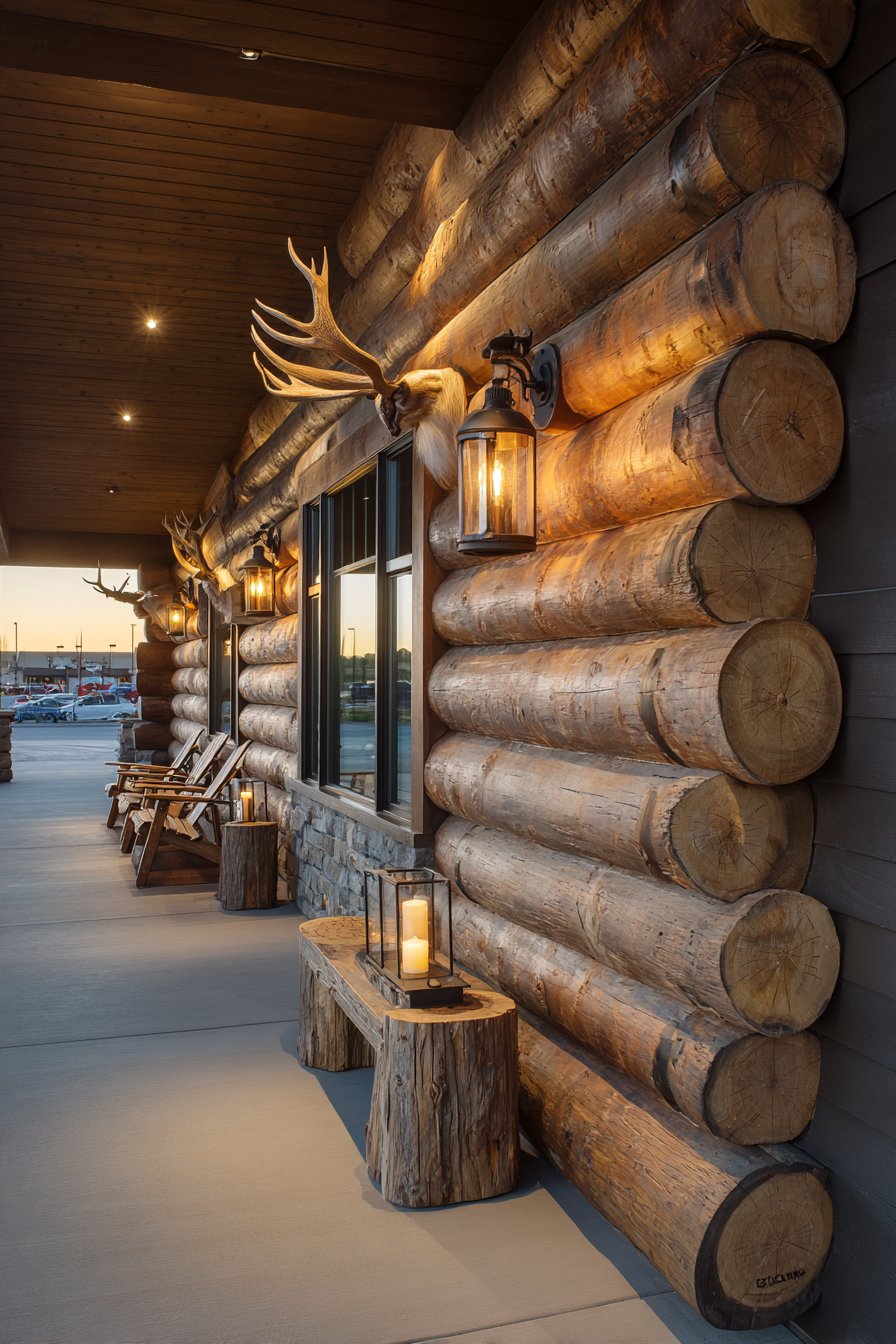 Rustic Stacked Log Wall with Antler Mounts