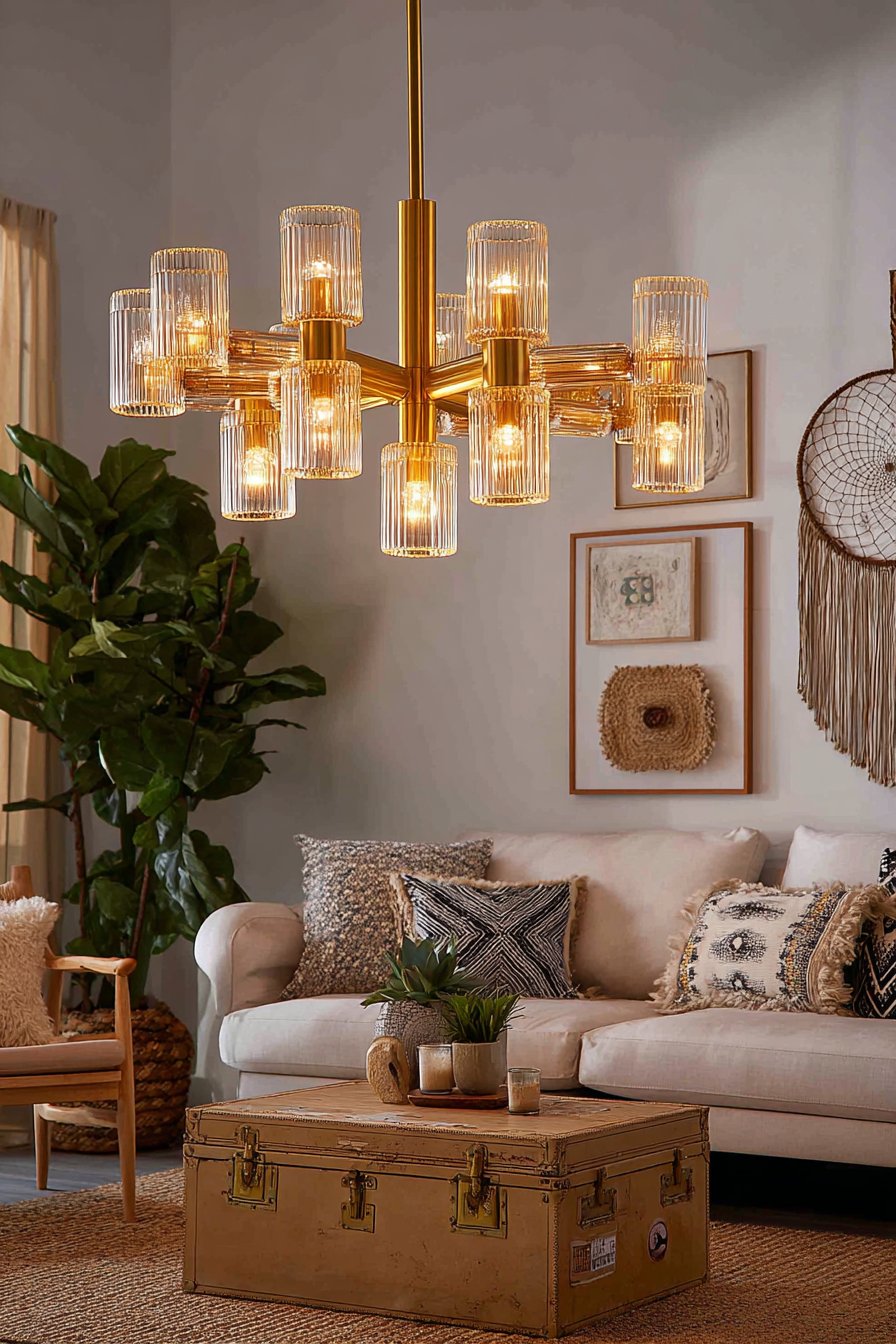 Statement Brass and Amber Glass Chandelier