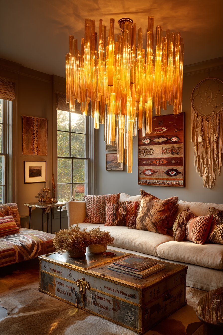 Statement Brass and Amber Glass Chandelier