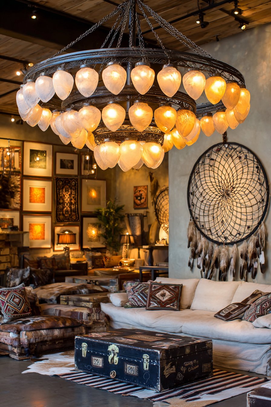 Statement Brass and Amber Glass Chandelier