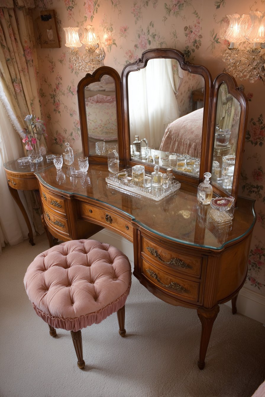 Kidney-Shaped Vanity with Tri-Fold Mirrors