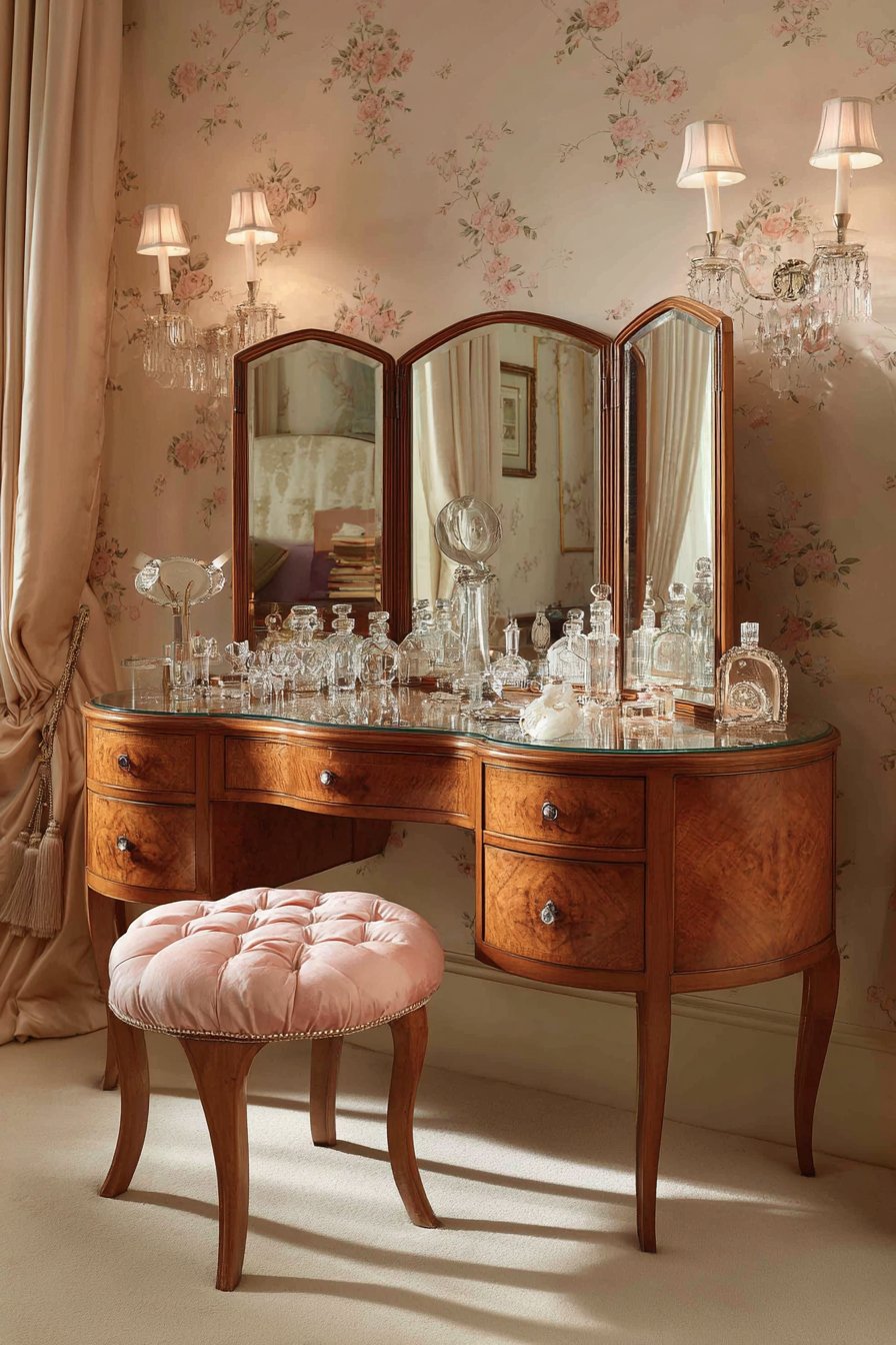 Kidney-Shaped Vanity with Tri-Fold Mirrors