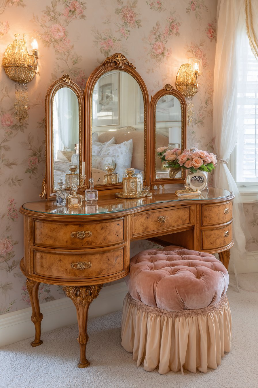 Kidney-Shaped Vanity with Tri-Fold Mirrors