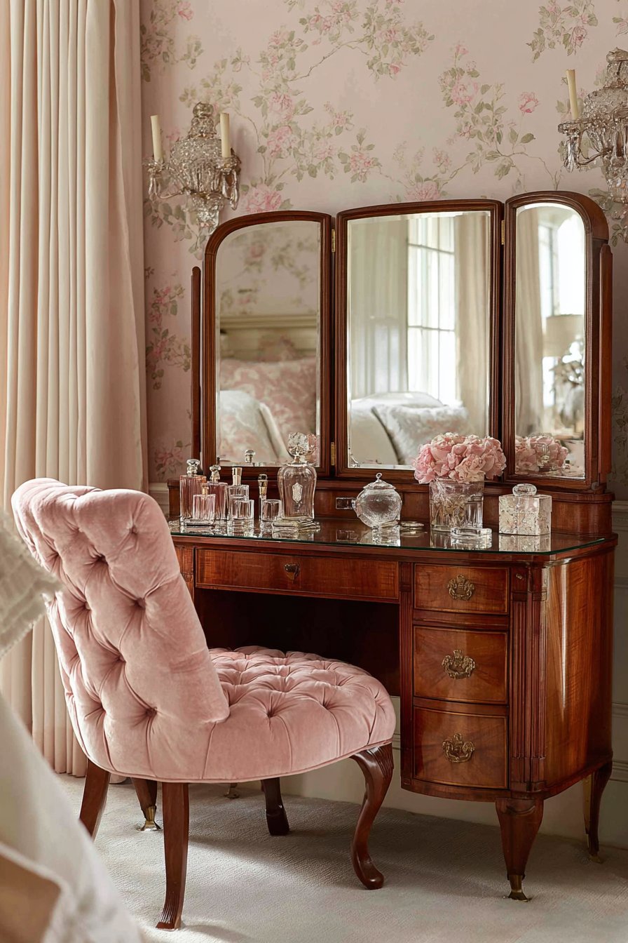 Kidney-Shaped Vanity with Tri-Fold Mirrors