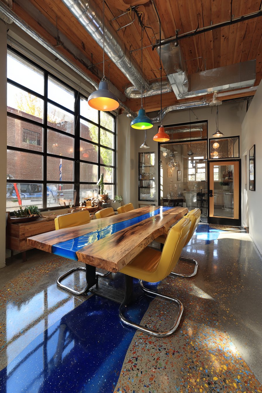 Blue Resin River with Colored Ductwork Ceiling