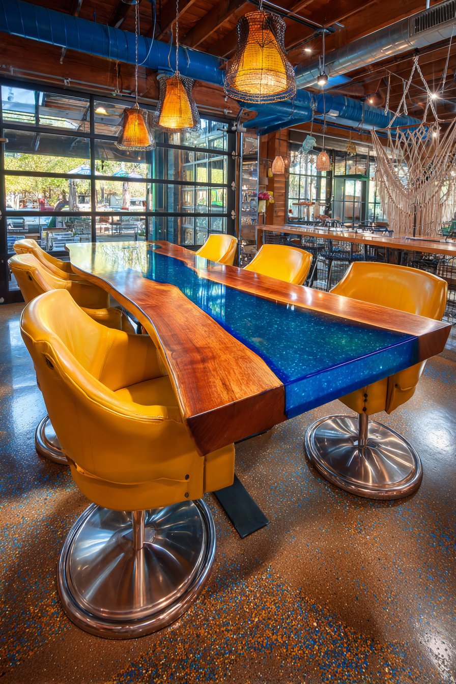 Blue Resin River with Colored Ductwork Ceiling