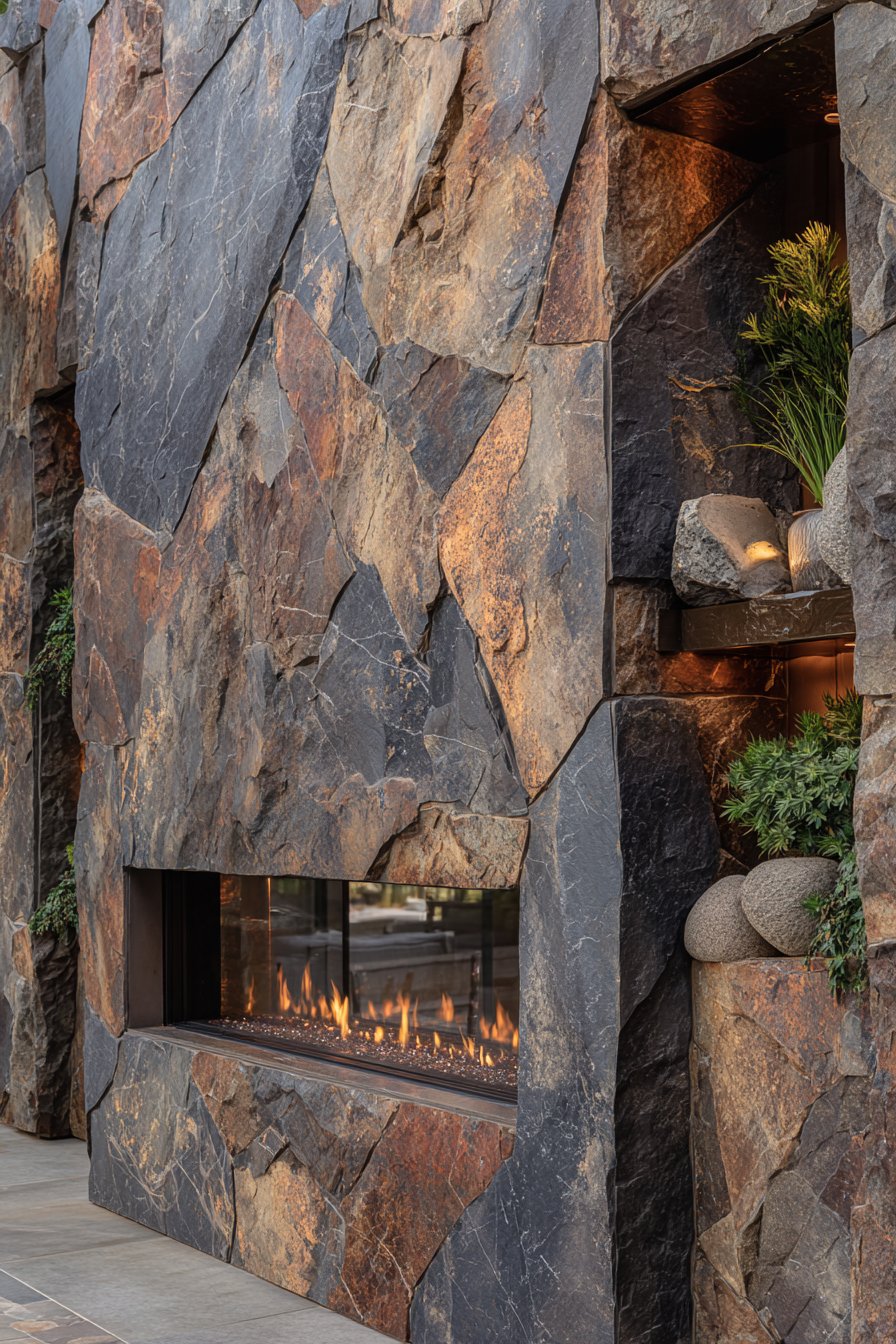 Mountain-Inspired Stone Veneer with Linear Fire Feature