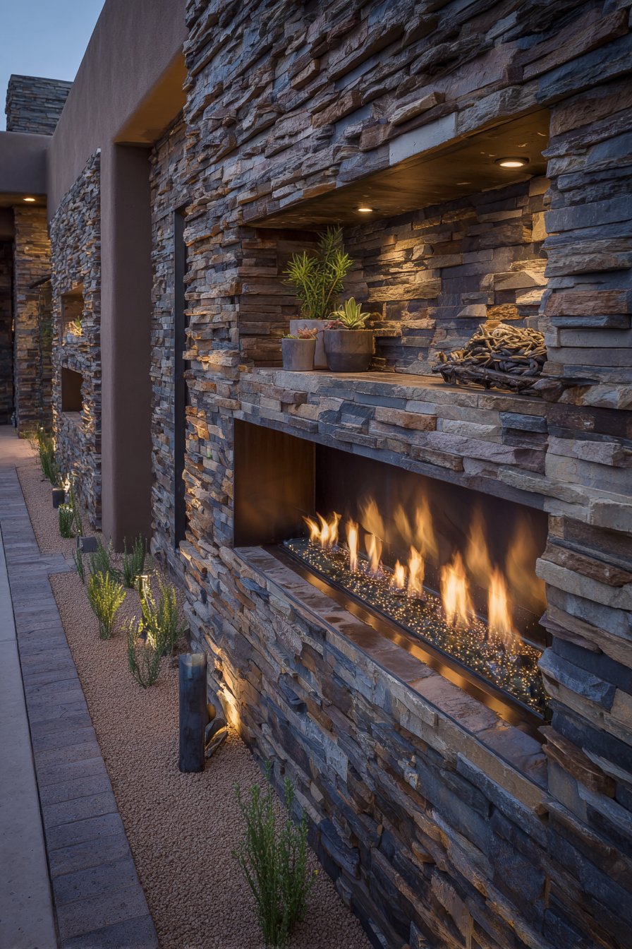 Mountain-Inspired Stone Veneer with Linear Fire Feature